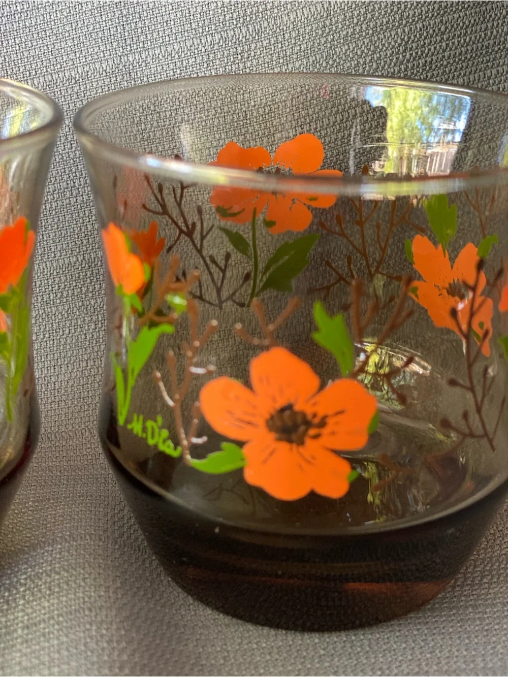Vintage M. Dia Libbey Floral Smoked Glass Lowball Tumblers Set of 2